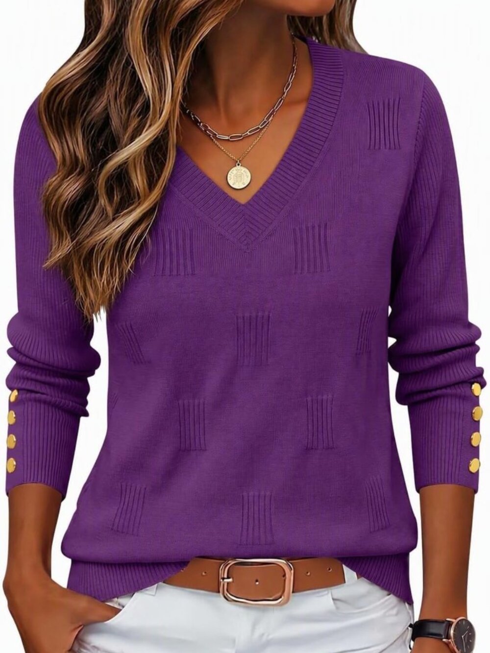 Lightweight Women's V-Neck Sweater with Long Sleeves & Button Details - Cozy